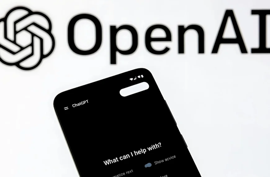 Smartphone showing ChatGPT app interface with OpenAI logo in the background