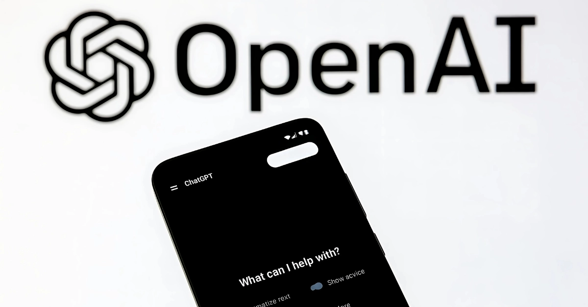 Smartphone showing ChatGPT app interface with OpenAI logo in the background