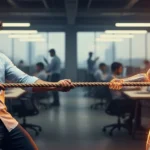 Indian office worker pulls rope against glowing AI robot labeled "2025 Jobs" in a modern workspace