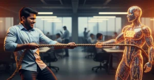 Indian office worker pulls rope against glowing AI robot labeled "2025 Jobs" in a modern workspace