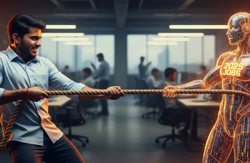 Indian office worker pulls rope against glowing AI robot labeled "2025 Jobs" in a modern workspace