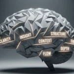 Abstract origami-style brain unfolding into labeled sections with words like Clarity, Insight, Flow, and Structure glowing along its folds