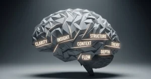 Abstract origami-style brain unfolding into labeled sections with words like Clarity, Insight, Flow, and Structure glowing along its folds