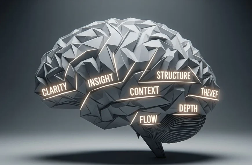 Abstract origami-style brain unfolding into labeled sections with words like Clarity, Insight, Flow, and Structure glowing along its folds